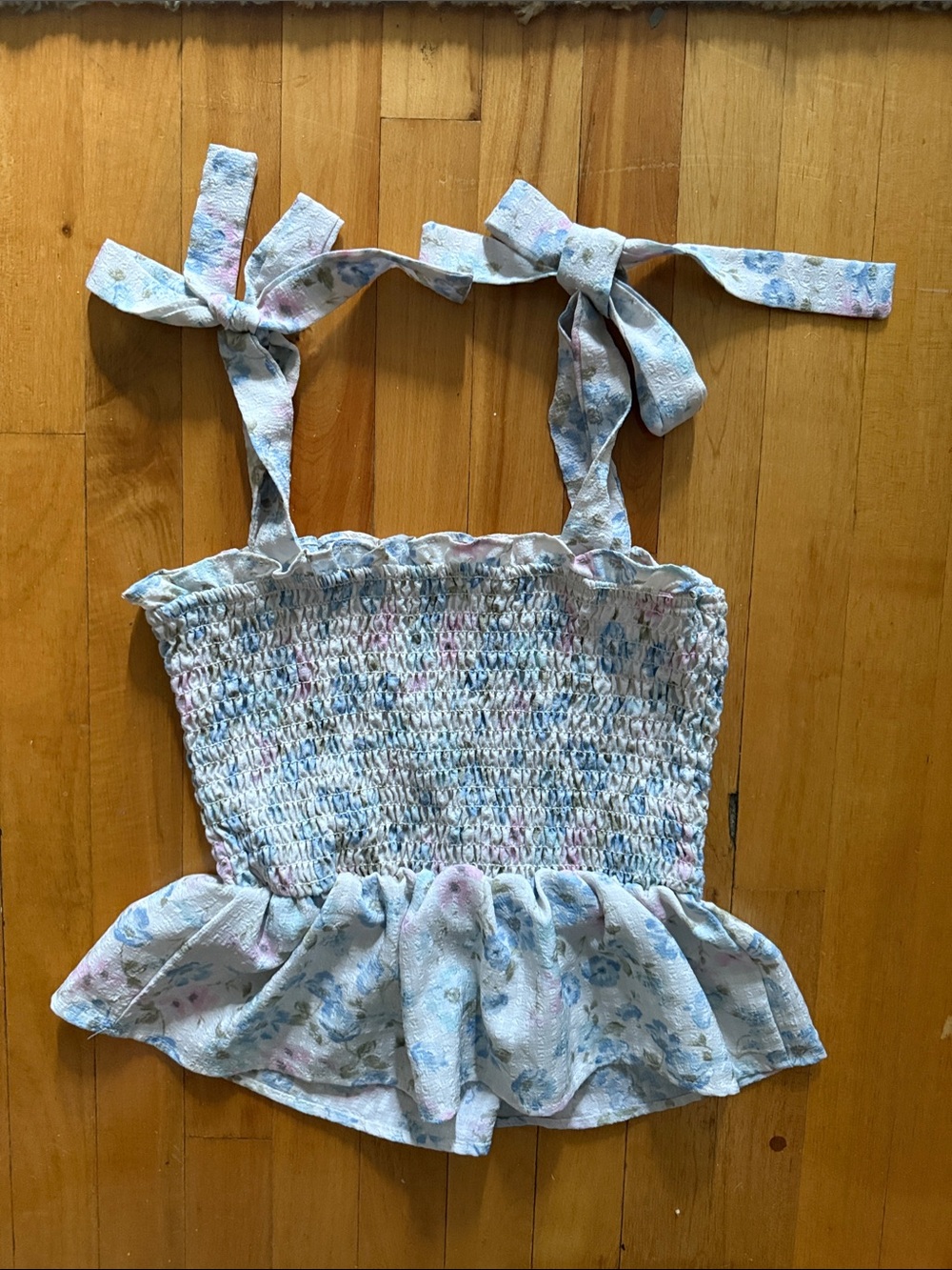 E&M Smocked Tie-Strap Floral Peplum Top - Blue/Pink